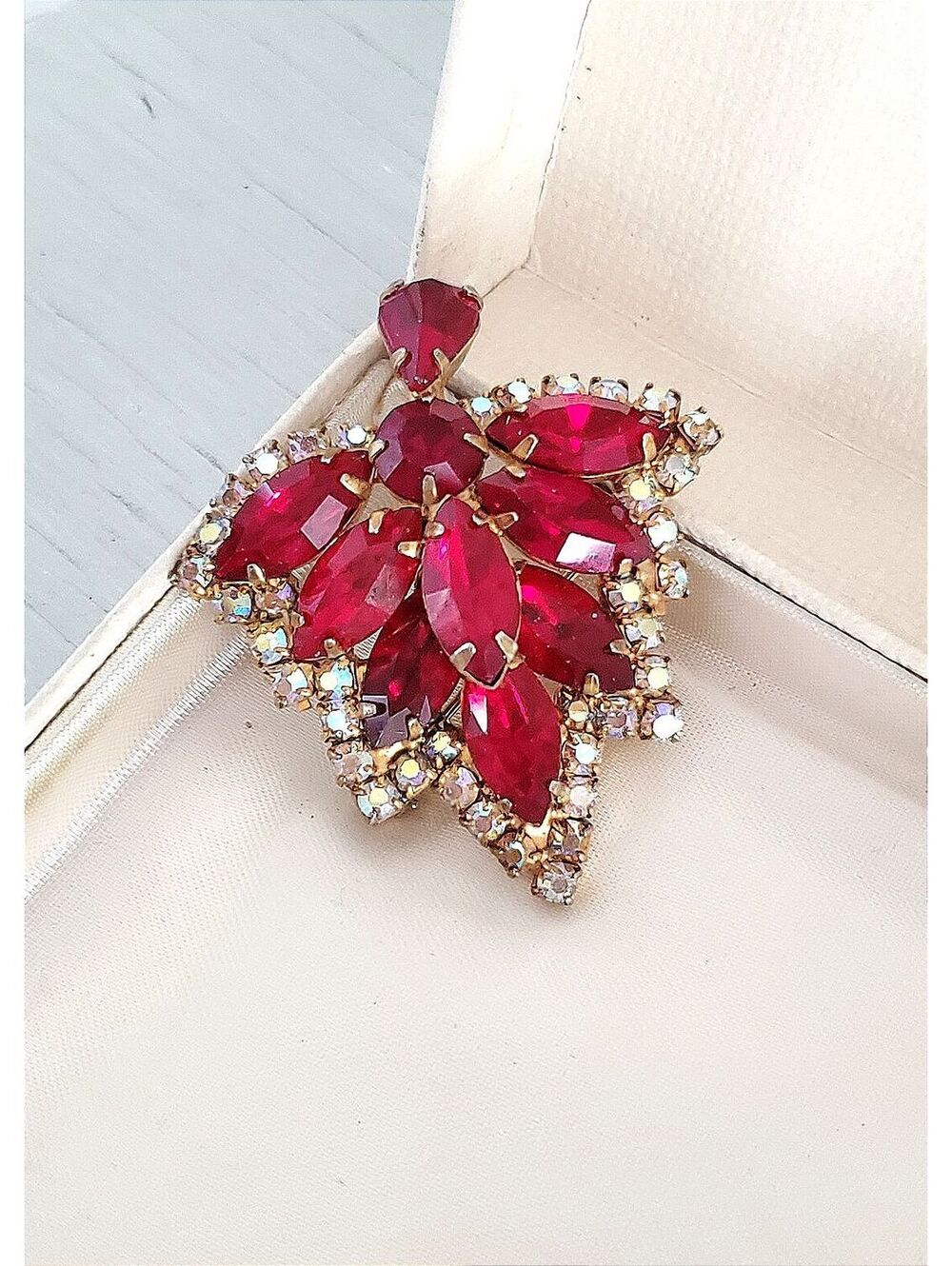 Vintage Red Rhinestones & Aurora Borealis Crystal Brooch